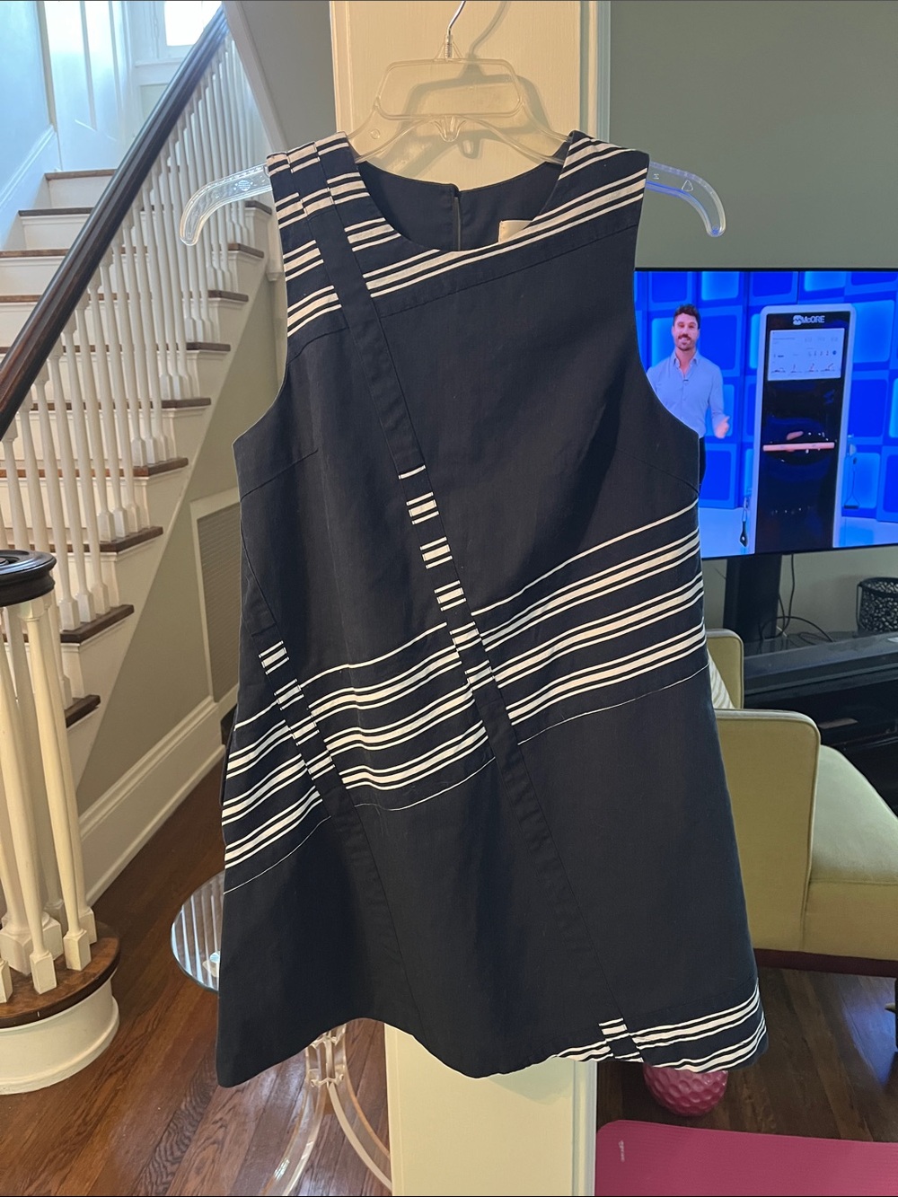 Sleeveless Navy Shift Dress with White Horizontal Stripes